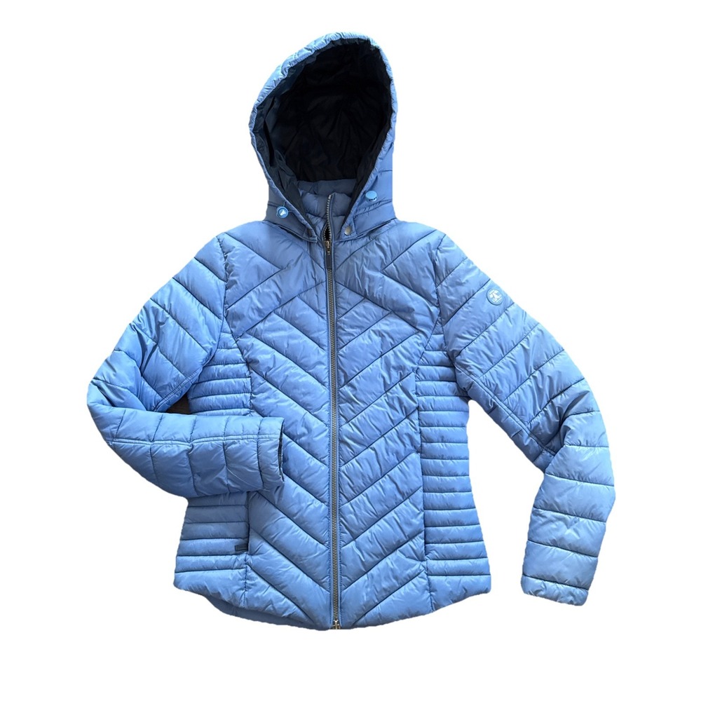 Barbour Beacon Puffer Jacket Women 6 Blue Fibre Down Quilted Removable Hood